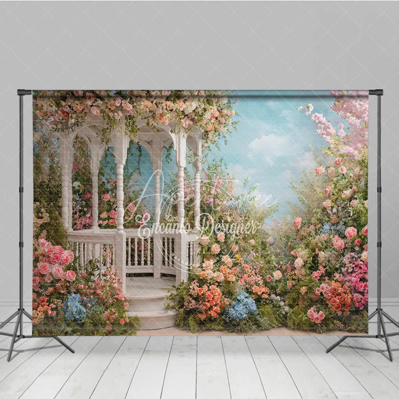 Aperturee - Aperturee Elegant White Gazebo Photography Backdrop with Pastel Pink and Peach Flowers Romantic Garden Scene for Weddings
