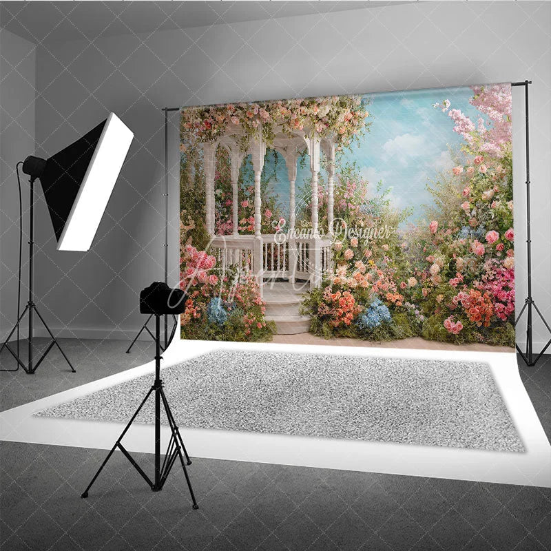 Aperturee - Aperturee Elegant White Gazebo Photography Backdrop with Pastel Pink and Peach Flowers Romantic Garden Scene for Weddings