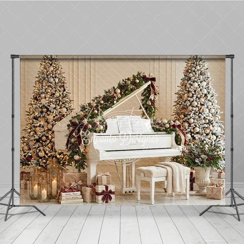 Aperturee - Aperturee Elegant White Grand Piano and Flocked Christmas Trees Holiday Backdrop Festive Gold Ornaments Musical Holiday Decor