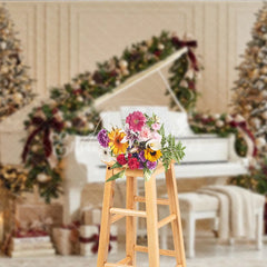 Aperturee - Aperturee Elegant White Grand Piano and Flocked Christmas Trees Holiday Backdrop Festive Gold Ornaments Musical Holiday Decor