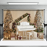Aperturee - Aperturee Elegant White Grand Piano and Flocked Christmas Trees Holiday Backdrop Festive Gold Ornaments Musical Holiday Decor