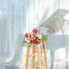 Aperturee - Aperturee Elegant White Grand Piano Photography Backdrop Flowing Curtains Bright Window Photo Background Music Room Photo Prop