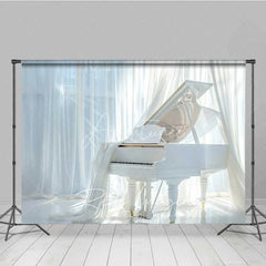 Aperturee - Aperturee Elegant White Grand Piano Photography Backdrop Flowing Curtains Bright Window Photo Background Music Room Photo Prop