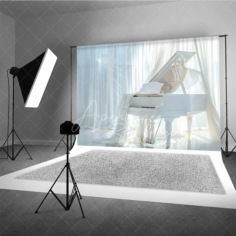 Aperturee - Aperturee Elegant White Grand Piano Photography Backdrop Flowing Curtains Bright Window Photo Background Music Room Photo Prop