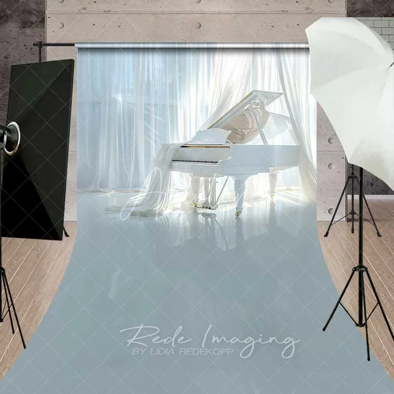 Aperturee - Aperturee Elegant White Grand Piano Sweep Backdrop Glossy White Floor Photography Floor Mat Music Room Decoration