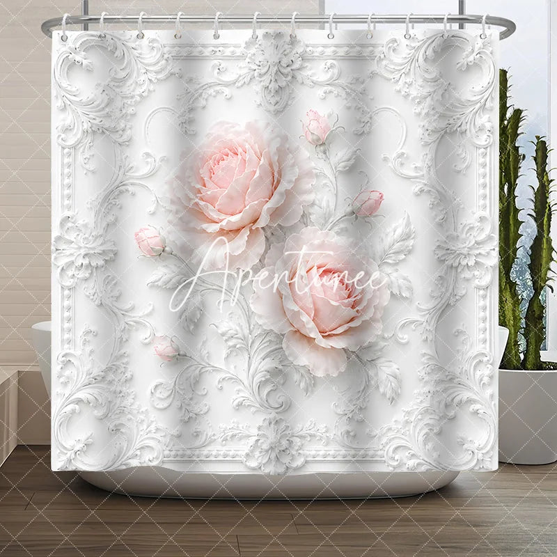 Aperturee - Aperturee Elegant White Ornate Frame with Blush Pink Roses Floral Shower Curtain Classic Romantic Bathroom Decor.