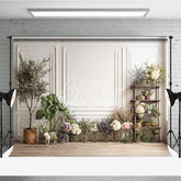 Aperturee - Aperturee Elegant White Paneled Wall with Assorted Flowers and Greenery Photography Backdrop Rustic Studio Portrait Decor