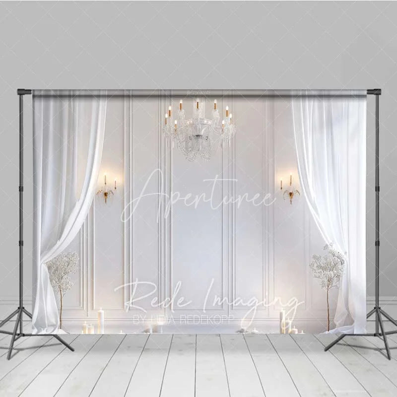 Aperturee - Aperturee Elegant White Room Photography Backdrop Crystal Chandelier Curtains Candles Background Wedding Bridal Photo Prop