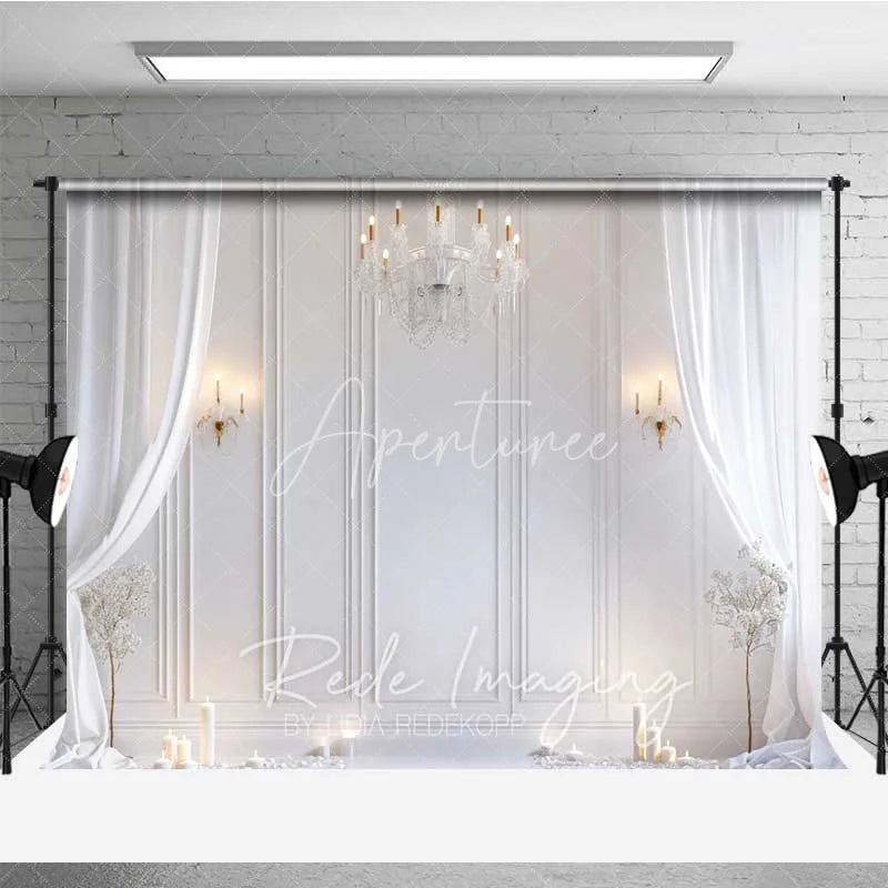 Aperturee - Aperturee Elegant White Room Photography Backdrop Crystal Chandelier Curtains Candles Background Wedding Bridal Photo Prop