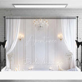 Aperturee - Aperturee Elegant White Room Photography Backdrop Crystal Chandelier Curtains Candles Background Wedding Bridal Photo Prop
