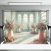 Aperturee - Aperturee Elegant White Room Wedding Backdrop Arched Windows and Pink Floral Tulle Stands Photography Background for Bridal