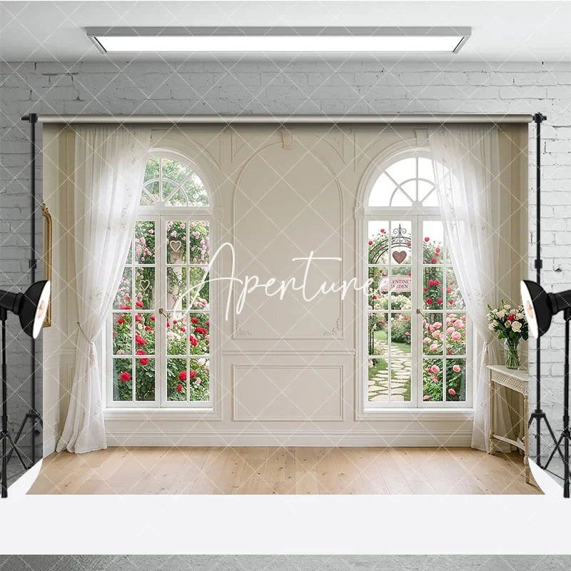 Aperturee - Aperturee Elegant White Room with Arched Windows and Rose Garden Photography Backdrop Romantic Valentine’s Day Theme