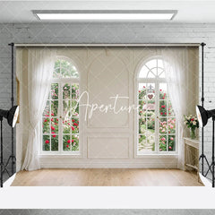 Aperturee - Aperturee Elegant White Room with Arched Windows and Rose Garden Photography Backdrop Romantic Valentine’s Day Theme
