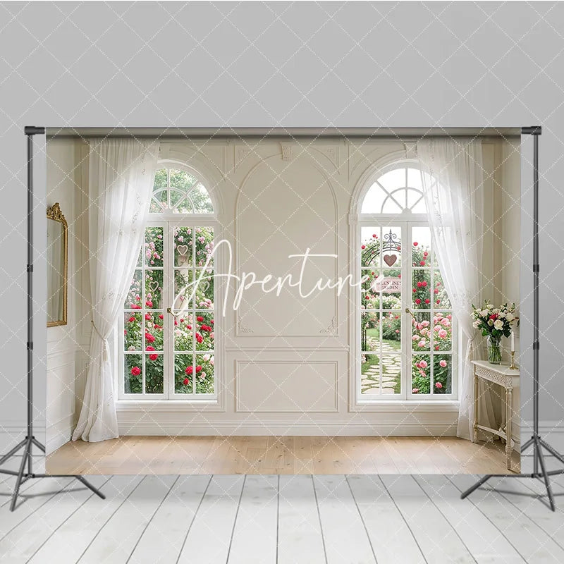 Aperturee - Aperturee Elegant White Room with Arched Windows and Rose Garden Photography Backdrop Romantic Valentine’s Day Theme