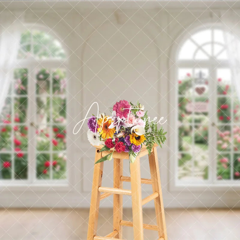 Aperturee - Aperturee Elegant White Room with Arched Windows and Rose Garden Photography Backdrop Romantic Valentine’s Day Theme