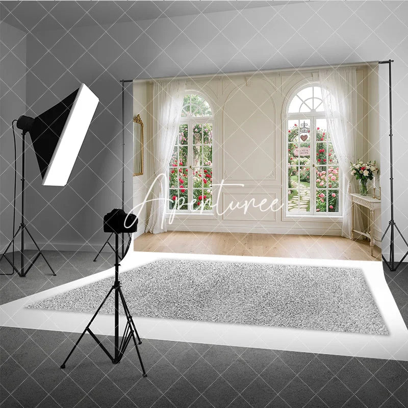 Aperturee - Aperturee Elegant White Room with Arched Windows and Rose Garden Photography Backdrop Romantic Valentine’s Day Theme