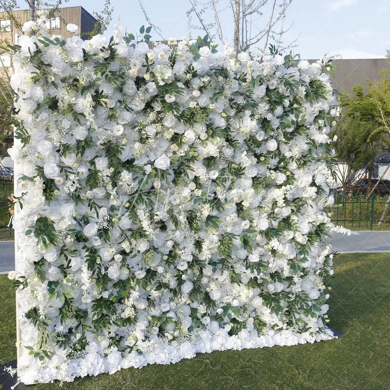 Aperturee - Aperturee Elegant White Rose and Green Leaf Artificial Flower Wall Lush Floral Backdrop for Wedding Party Events
