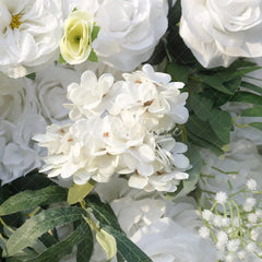 Aperturee - Aperturee Elegant White Rose and Green Leaf Artificial Flower Wall Lush Floral Backdrop for Wedding Party Events