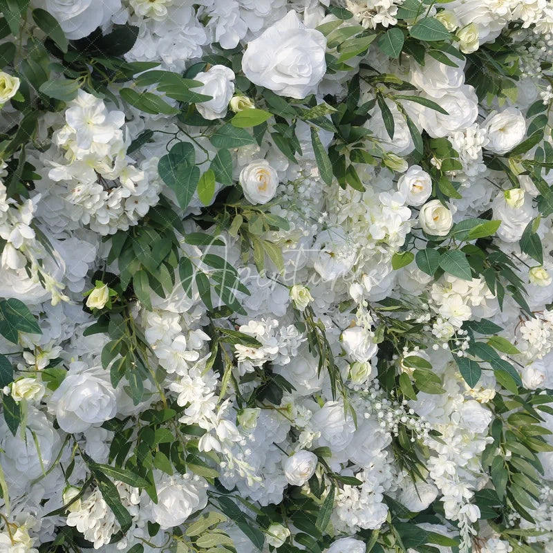 Aperturee - Aperturee Elegant White Rose and Green Leaf Artificial Flower Wall Lush Floral Backdrop for Wedding Party Events