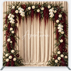 Aperturee - Aperturee Elegant White Rose and Orchid Floral Arch Square Double-Sided Backdrop Deep Red Amaranthus Wedding Decor