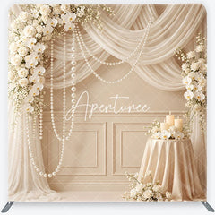 Aperturee - Aperturee Elegant White Rose Orchid and Pearl Wedding Square Double-Sided Backdrop Cream Drapes and Candles Celebration Decor