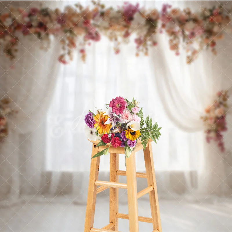 Aperturee - Aperturee Elegant White Sheer Curtain Photography Backdrop with Peach and Pink Floral Arch Romantic Wedding or Baby Shower Decor