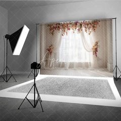 Aperturee - Aperturee Elegant White Sheer Curtain Photography Backdrop with Peach and Pink Floral Arch Romantic Wedding or Baby Shower Decor