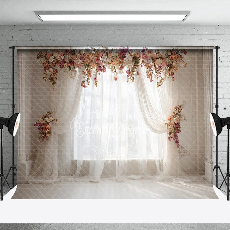 Aperturee - Aperturee Elegant White Sheer Curtain Photography Backdrop with Peach and Pink Floral Arch Romantic Wedding or Baby Shower Decor