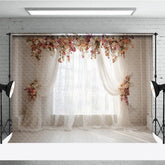 Aperturee - Aperturee Elegant White Sheer Curtain Photography Backdrop with Peach and Pink Floral Arch Romantic Wedding or Baby Shower Decor