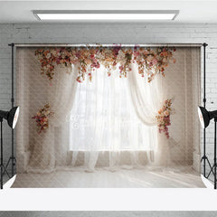 Aperturee - Aperturee Elegant White Sheer Curtain Photography Backdrop with Peach and Pink Floral Arch Romantic Wedding or Baby Shower Decor