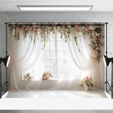 Aperturee - Aperturee Elegant White Sheer Curtains and Floral Window Photography Backdrop Romantic Pink Flowers and Greenery Decor