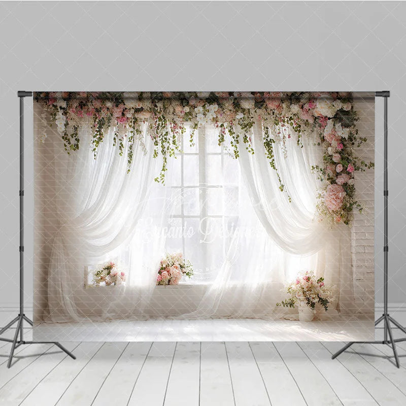 Aperturee - Aperturee Elegant White Sheer Curtains and Floral Window Photography Backdrop Romantic Pink Flowers and Greenery Decor