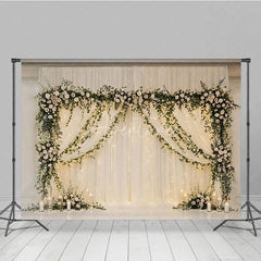 Aperturee - Aperturee Elegant White Sheer Drapes Photography Backdrop Romantic Floral Garlands and String Lights Decor