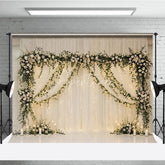 Aperturee - Aperturee Elegant White Sheer Drapes Photography Backdrop Romantic Floral Garlands and String Lights Decor