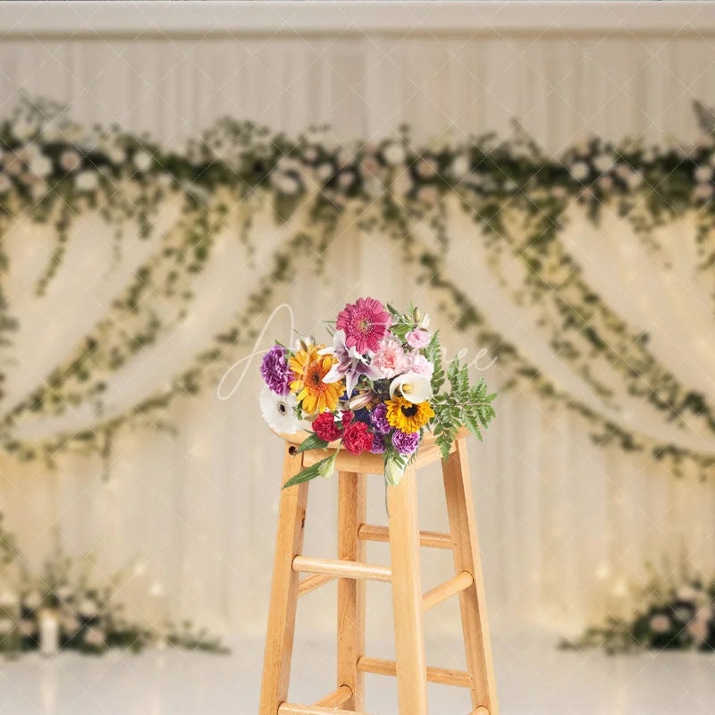 Aperturee - Aperturee Elegant White Sheer Drapes Photography Backdrop Romantic Floral Garlands and String Lights Decor