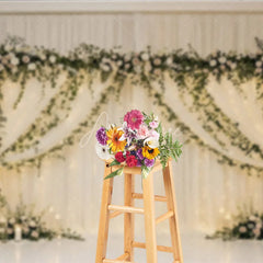 Aperturee - Aperturee Elegant White Sheer Drapes Photography Backdrop Romantic Floral Garlands and String Lights Decor
