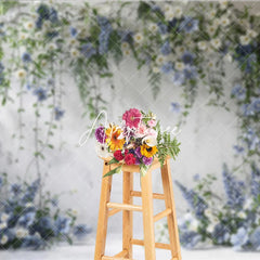Aperturee - Aperturee Elegant White Textured Wall with Blue and White Floral Vines Photography Backdrop Wedding Party Portrait Decor