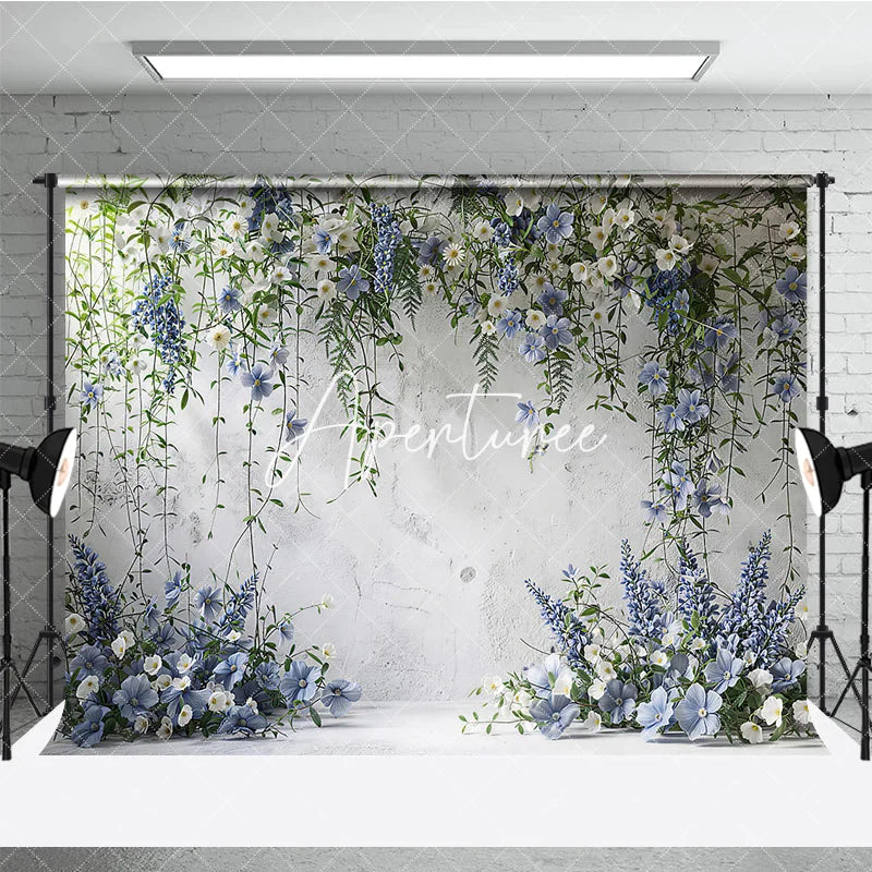 Aperturee - Aperturee Elegant White Textured Wall with Blue and White Floral Vines Photography Backdrop Wedding Party Portrait Decor