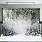 Aperturee - Aperturee Elegant White Textured Wall with Blue and White Floral Vines Photography Backdrop Wedding Party Portrait Decor
