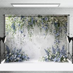Aperturee - Aperturee Elegant White Textured Wall with Blue and White Floral Vines Photography Backdrop Wedding Party Portrait Decor