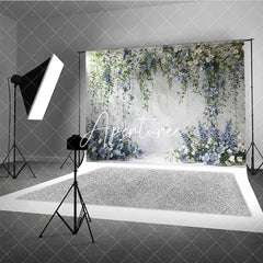 Aperturee - Aperturee Elegant White Textured Wall with Blue and White Floral Vines Photography Backdrop Wedding Party Portrait Decor
