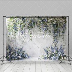 Aperturee - Aperturee Elegant White Textured Wall with Blue and White Floral Vines Photography Backdrop Wedding Party Portrait Decor