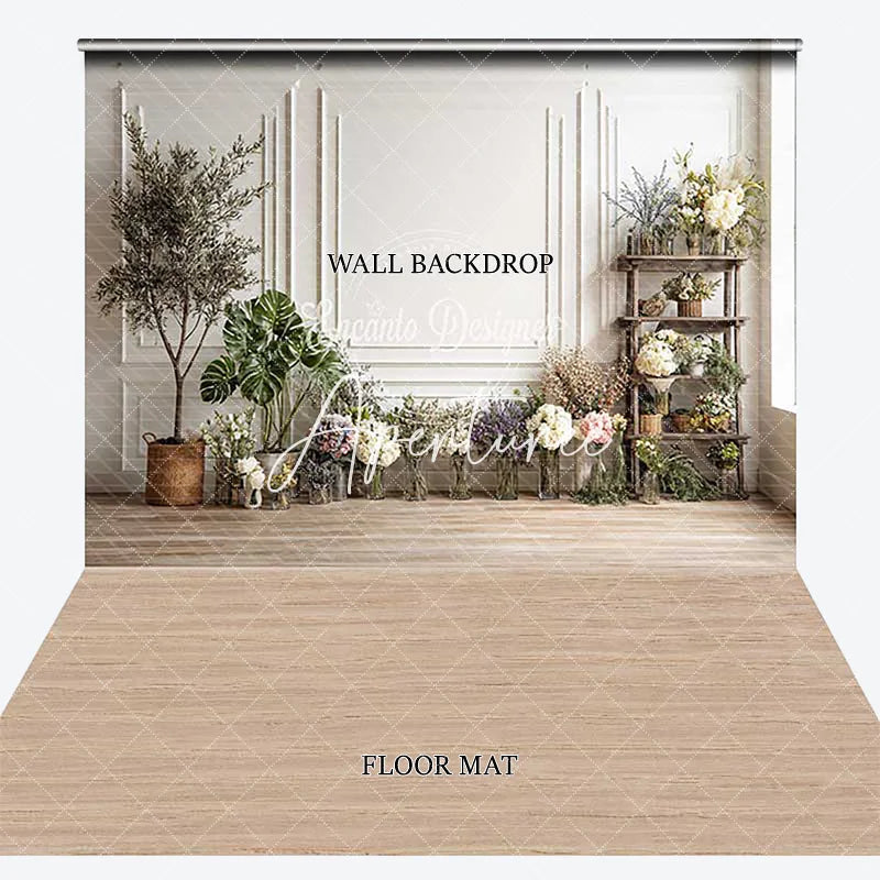Aperturee - Aperturee Elegant White Wainscoting Wall and Wood Floor Combo Set Backdrop with Floral and Greenery Decor for Studio Photography