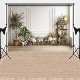 Aperturee - Aperturee Elegant White Wainscoting Wall and Wood Floor Combo Set Backdrop with Floral and Greenery Decor for Studio Photography