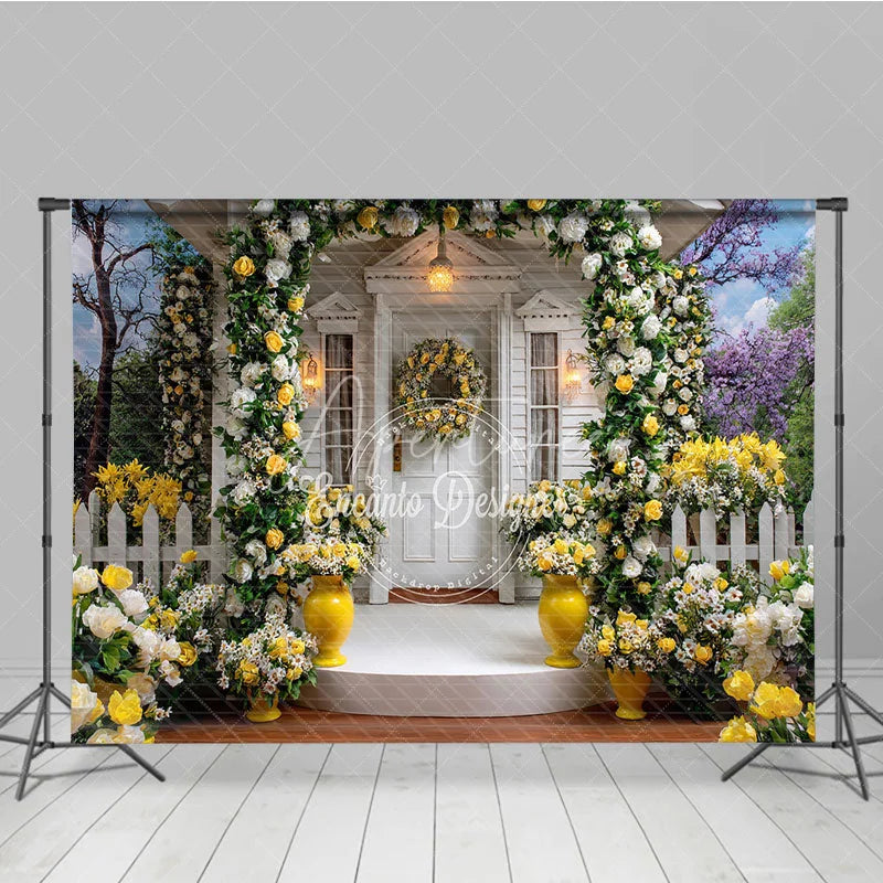 Aperturee - Aperturee Elegant White Wooden House Photography Backdrop with Yellow and White Roses Floral Archway and Garden Scene