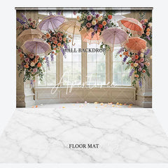 Aperturee - Aperturee Elegant Window Pillars Umbrellas Flowers Marble Floor Combo Set Backdrop Romantic Wedding Party Decor