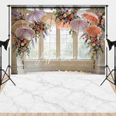 Aperturee - Aperturee Elegant Window Pillars Umbrellas Flowers Marble Floor Combo Set Backdrop Romantic Wedding Party Decor