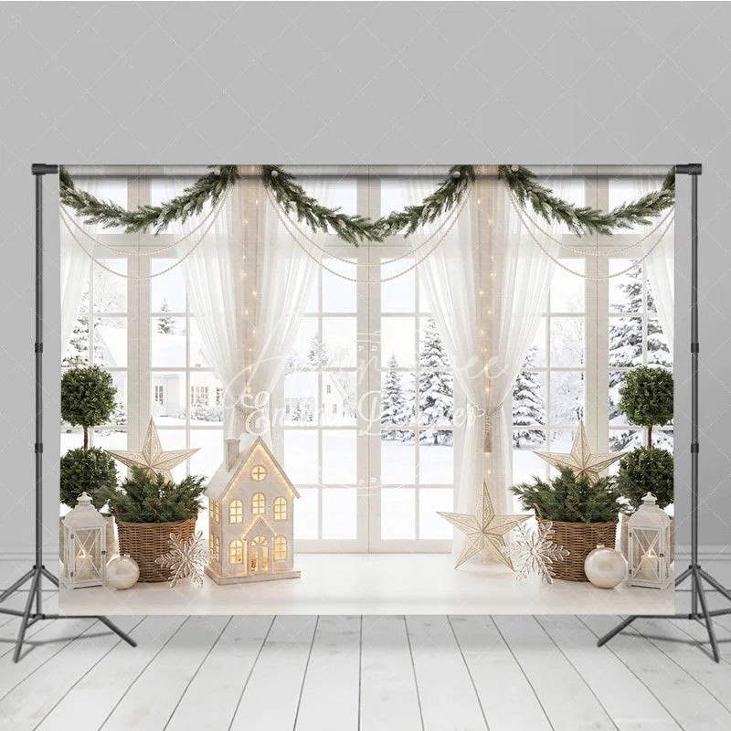 Aperturee - Aperturee Elegant Winter Window Holiday Backdrop with Snow Scene Festive Garlands and Illuminated House Decor
