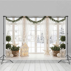 Aperturee - Aperturee Elegant Winter Window Holiday Backdrop with Snow Scene Festive Garlands and Illuminated House Decor