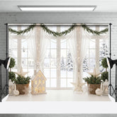 Aperturee - Aperturee Elegant Winter Window Holiday Backdrop with Snow Scene Festive Garlands and Illuminated House Decor